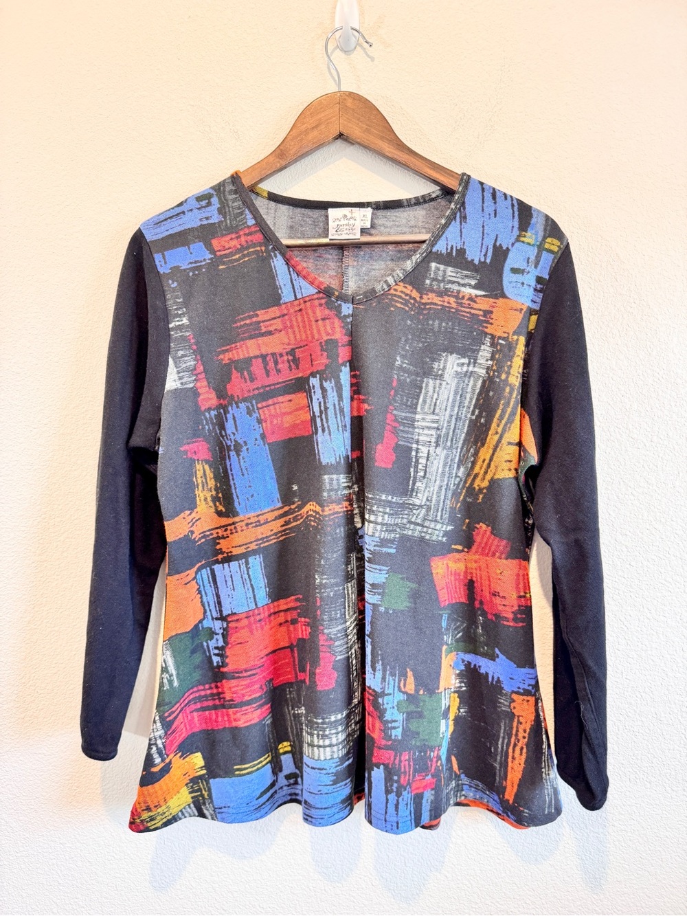 Parsley & Sage XL Abstract Print Tunic Top Black Colorful Artsy Boho Stretch K11